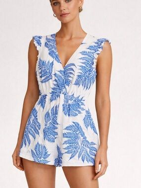 Sleeveless Romper White Blue Leaf Print